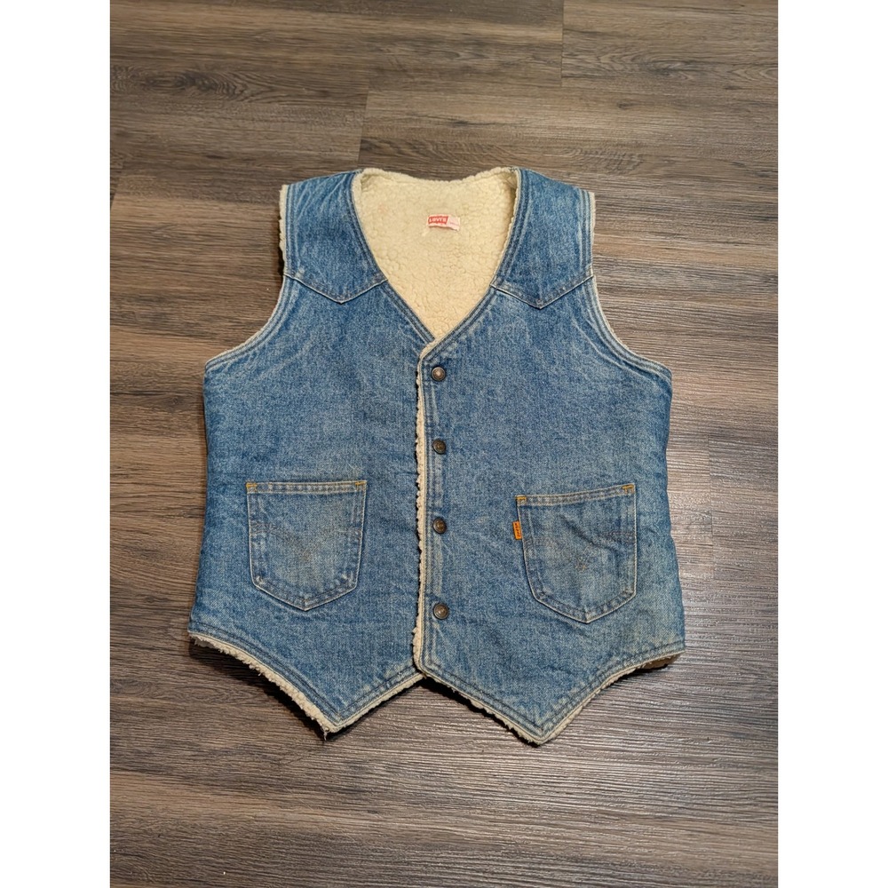 Vintage Levis Orange Tab Sherpa Lined Denim Vest Mens Medium Blue Western Yoke